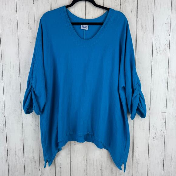 Oh My Gauze! Blue Arty Cotton Gauze Blouse Ruched Tunic Plus Size 3 / XXL 16+ - Picture 1 of 16